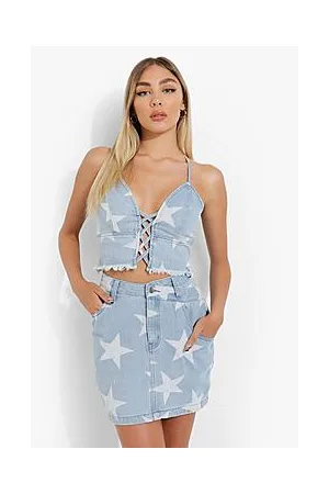 Boohoo Festival Star Print High Waisted Denim Skirt