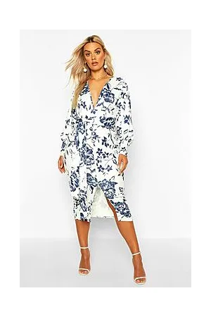Boohoo Plus Floral Print Plunge Tie Waist Midi Dress