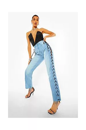 Boohoo High Waist Lace Up Boyfriend Jeans