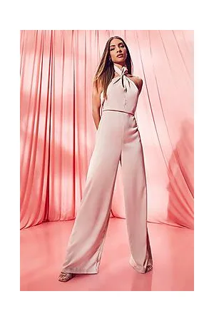 Boohoo Satin Halter Neck Twist Wide Leg Jumpsuit