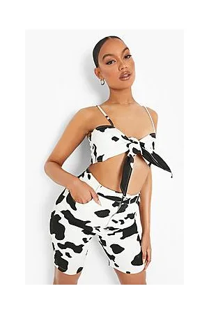 Boohoo Cow Print Denim Boyfriend Shorts