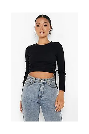 Boohoo Petite Recycled Side Ruched Long Sleeve Crop Top