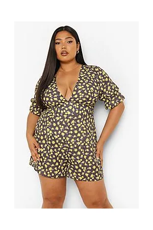 Boohoo Plus Floral Puff Sleeve Plunge Playsuit