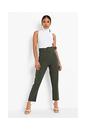 Boohoo Petite Wide Buckle Belt Tapered Trouser