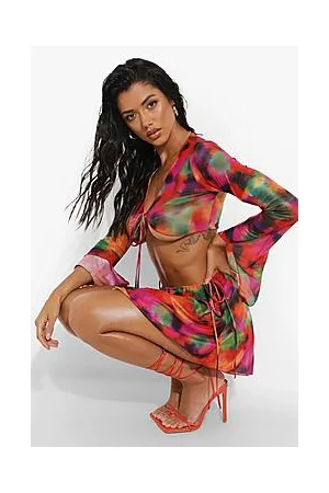 Boohoo Marble Print Mesh Flared Sleeve Skirt Co-ord