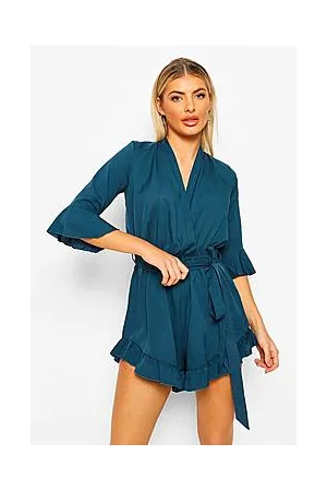Boohoo Wrap Belted Woven Ruffle Playsuit