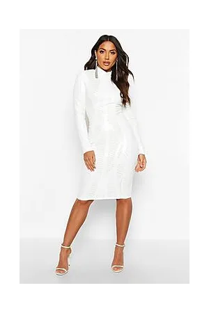 Boohoo Mesh Sequin High Neck Long Sleeve Midi Party Dress