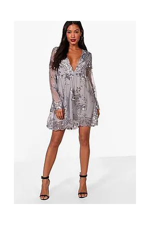 Boohoo Ellie Sequin and Mesh Long Sleeve Skater Party Dress