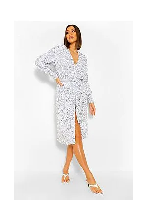Boohoo Sequin Long Sleeve Tie Waist Midi Party Dress