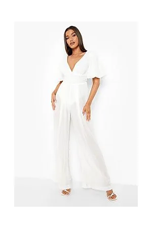 Boohoo Pleated Off The Shoulder Wide Leg Jumpsuit