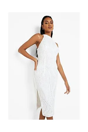 Boohoo Damask Sequin High Neck Midi Party Dress