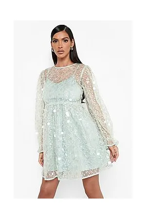 Boohoo Disk Sequin Blouson Sleeve Smock Party Dress
