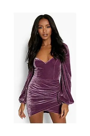 Boohoo Petite Velvet Wrap Puff Sleeve Bodycon Dress