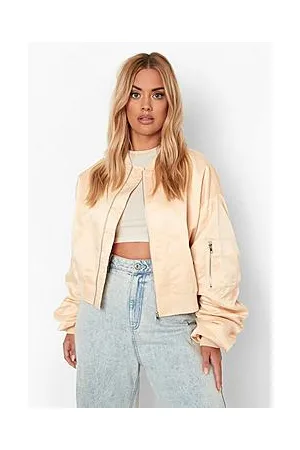 Boohoo Plus Ruched Sleeve Satin Bomber Jacket