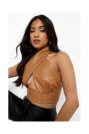Boohoo Petite Halterneck Pu Crop Top