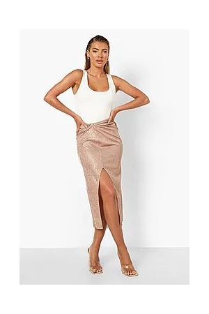 Boohoo Shimmer Ruched Front Split Midi Skirt