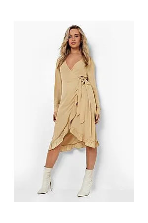 Boohoo Long Sleeve Ruffle Wrap Midi Tea Dress