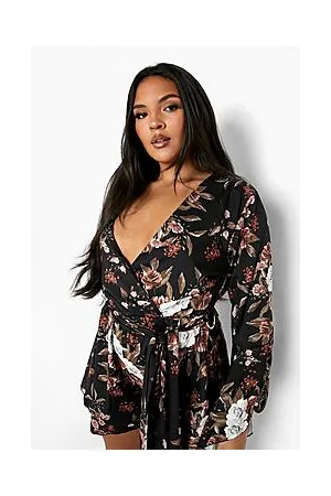 Boohoo Plus Floral Flared Sleeve Tie Waist Playsuit