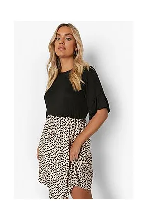 Boohoo Plus Printed Contrast Sleeve Smock Dress