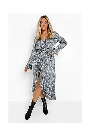 Boohoo Plus Snake Ruffle Wrap Dress
