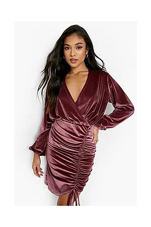 Boohoo Petite Velvet Ruched Wrap Midi Dress