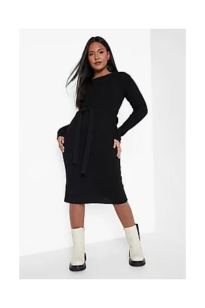 Boohoo Plus Belted Rib Knit Dress