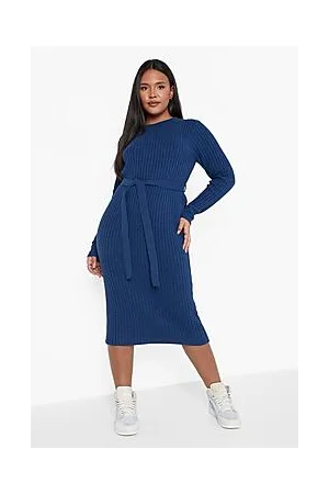 Boohoo Plus Belted Rib Knit Dress