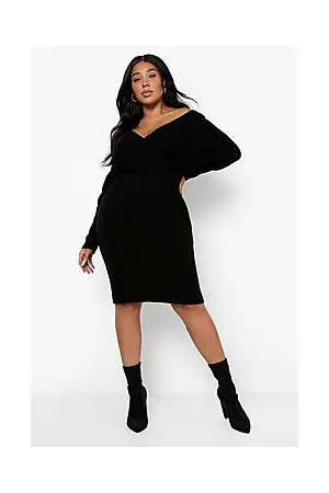 Boohoo Plus Off The Shoulder Rib Knit Jumper Dress