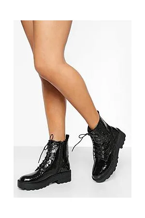 Boohoo Patent Croc Chunky Lace Up Hiker Boots