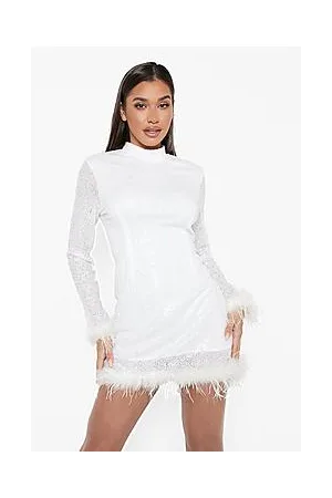 Boohoo Sequin High Neck Feather Hem Mini Party Dress