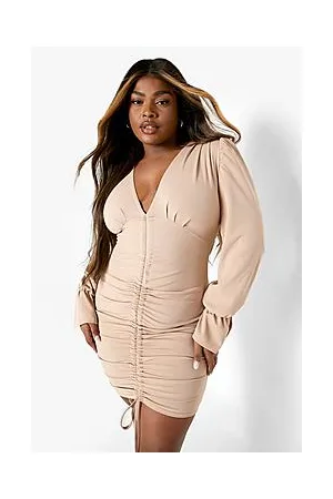 Boohoo Plus Ruched Plunge Puff Sleeve Mini Dress