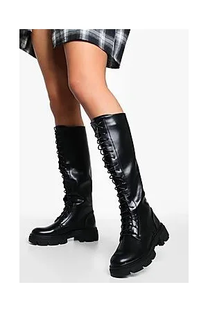 Boohoo Lace Up Chunky Knee High Boots