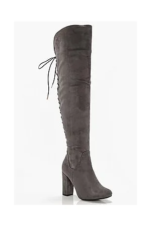 Boohoo Lace Back Block Heel Over The Knee High Boots