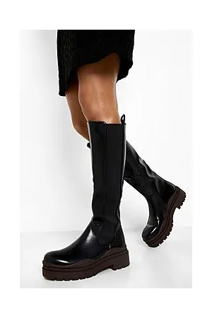 Boohoo Chunky Contrast Sole Knee High Chelsea Boots