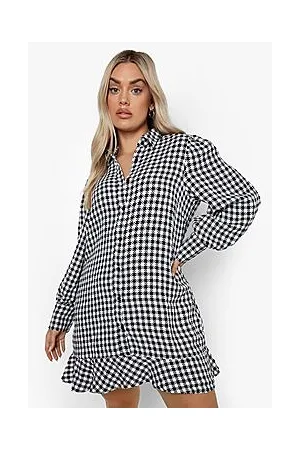 Boohoo Plus Dogtooth Frill Hem Check Shirt Dress