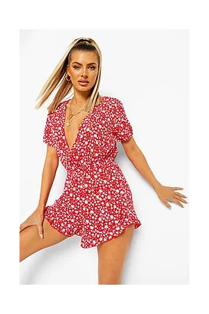 Boohoo Floral Wrap Bust Ruffle Short Playsuit