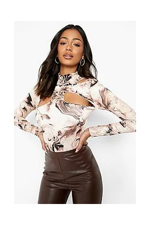 Boohoo Marble Print Slinky High Neck Bodysuit