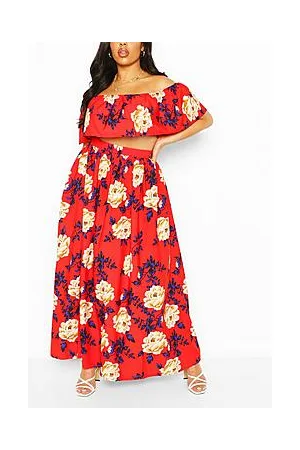 Boohoo Plus Floral Print Off Shoulder Maxi Skirt Co-ord
