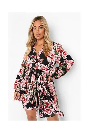Boohoo Plus Floral Ruffle Belted Skater Dress