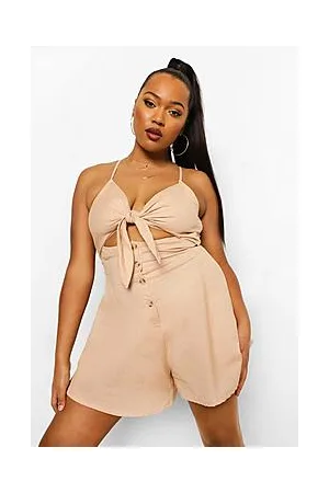 Boohoo Plus Linen Tie Front Playsuit