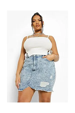 Boohoo Plus Mid Wash Distressed Denim Skirt