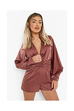 Boohoo Satin Twist Blouson Sleeve Playsuit
