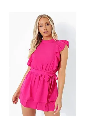 Boohoo High Neck Frill Detail Belted Playsuit