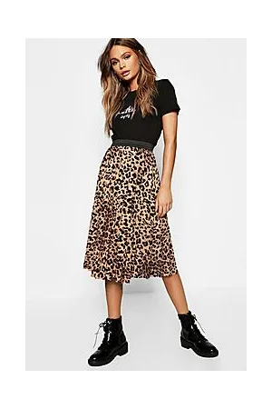 Boohoo Leopard Print Pleated Midi Skirt