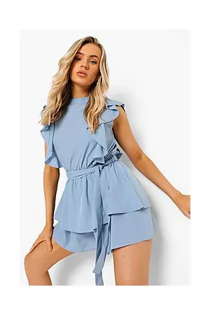 Boohoo High Neck Frill Detail Belted Playsuit