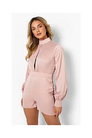 Boohoo Satin Balloon Sleeve High Neck Playsuit