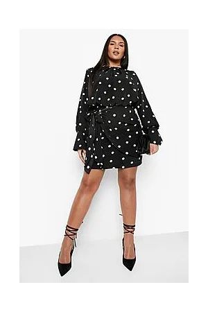 Boohoo Plus Polka Dot Tie Waist Drape Mini Dress