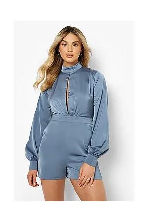 Boohoo Satin Balloon Sleeve High Neck Playsuit
