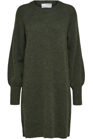 SELECTED Slflulu Ls Knit Dress O-Neck Lyhyt Mekko Khaki Green