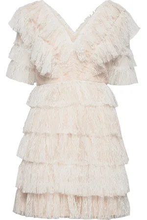 By Malina Sky V-Neck Frill Mini Lace Dress Designers Short Dress White